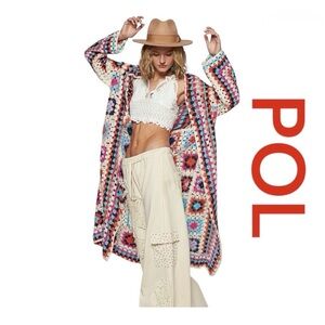 ❤️NWOT❤️ POL Long Crochet Granny Square Duster Cardigan Boho Multicolor One Size